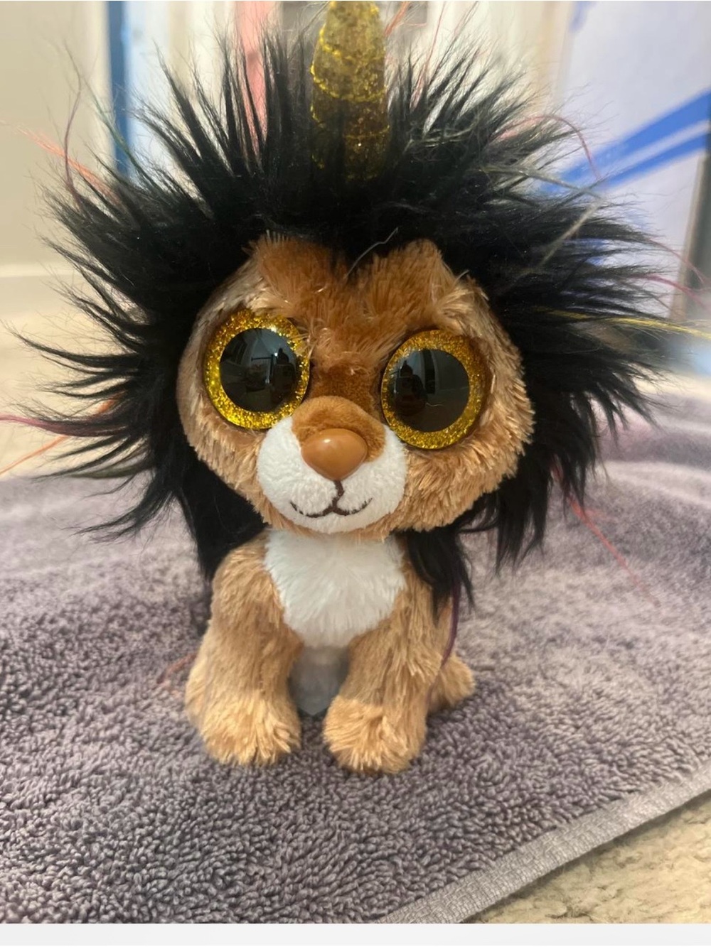 Ty Brown Plush Lion-Unicorn with Black Mane and Gold Horn